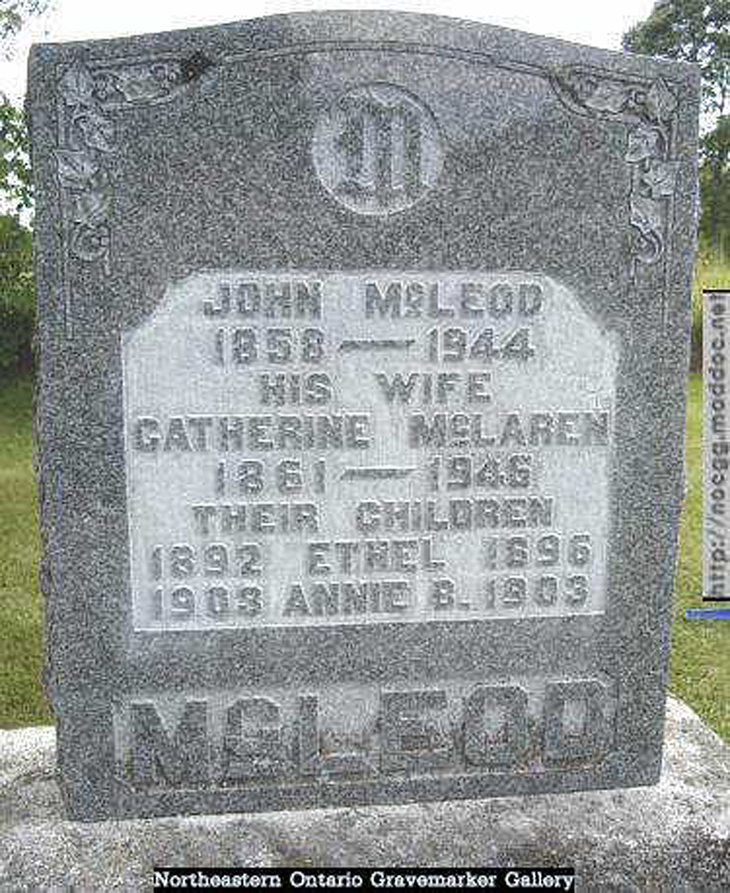 Photo of headstones/John McLeod died 1944 MI Douglas Public Cemetery, Ontario